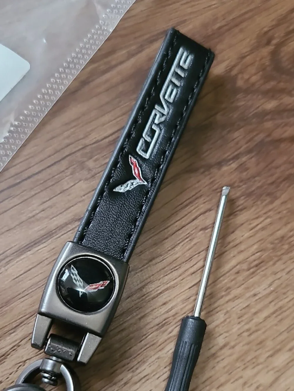 NEW! Black Leather Corvette Keychain Strap with Metal Clip